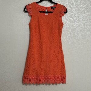 Sequin Hearts Orange Crochet Lace Mini Dress Cap Sleeve‎ Sheath Keyhole Lined S